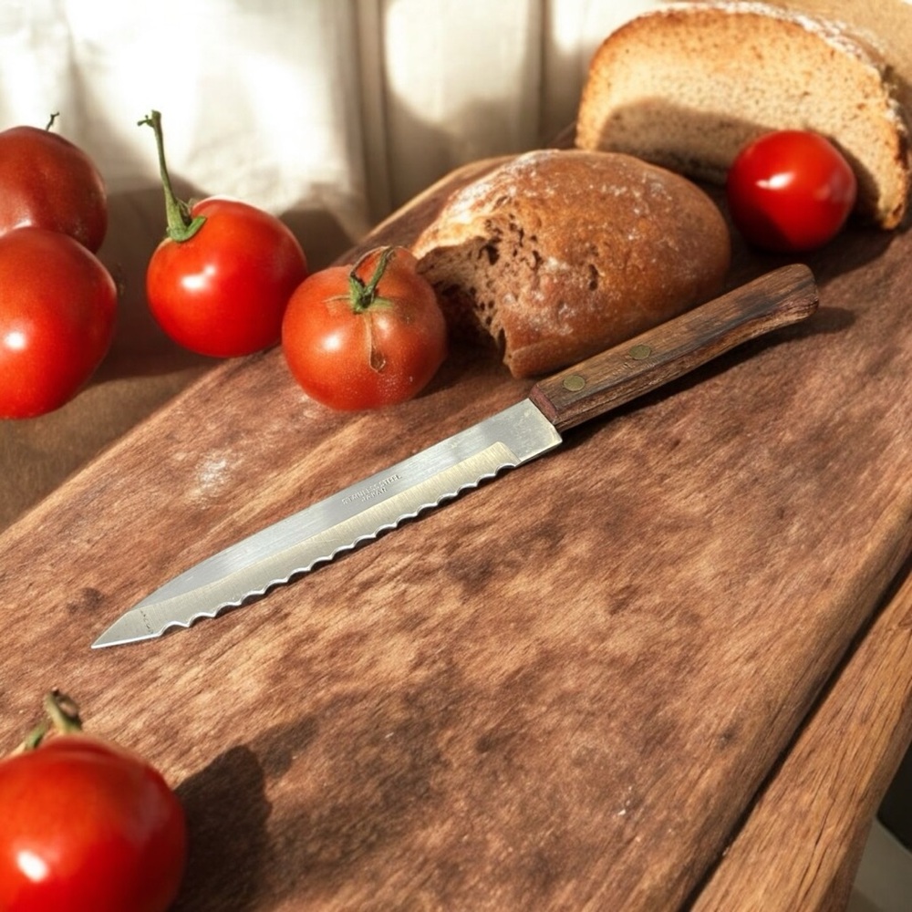 Vintage stainless steel serrated kitchen knife with a wooden handle. 9” long